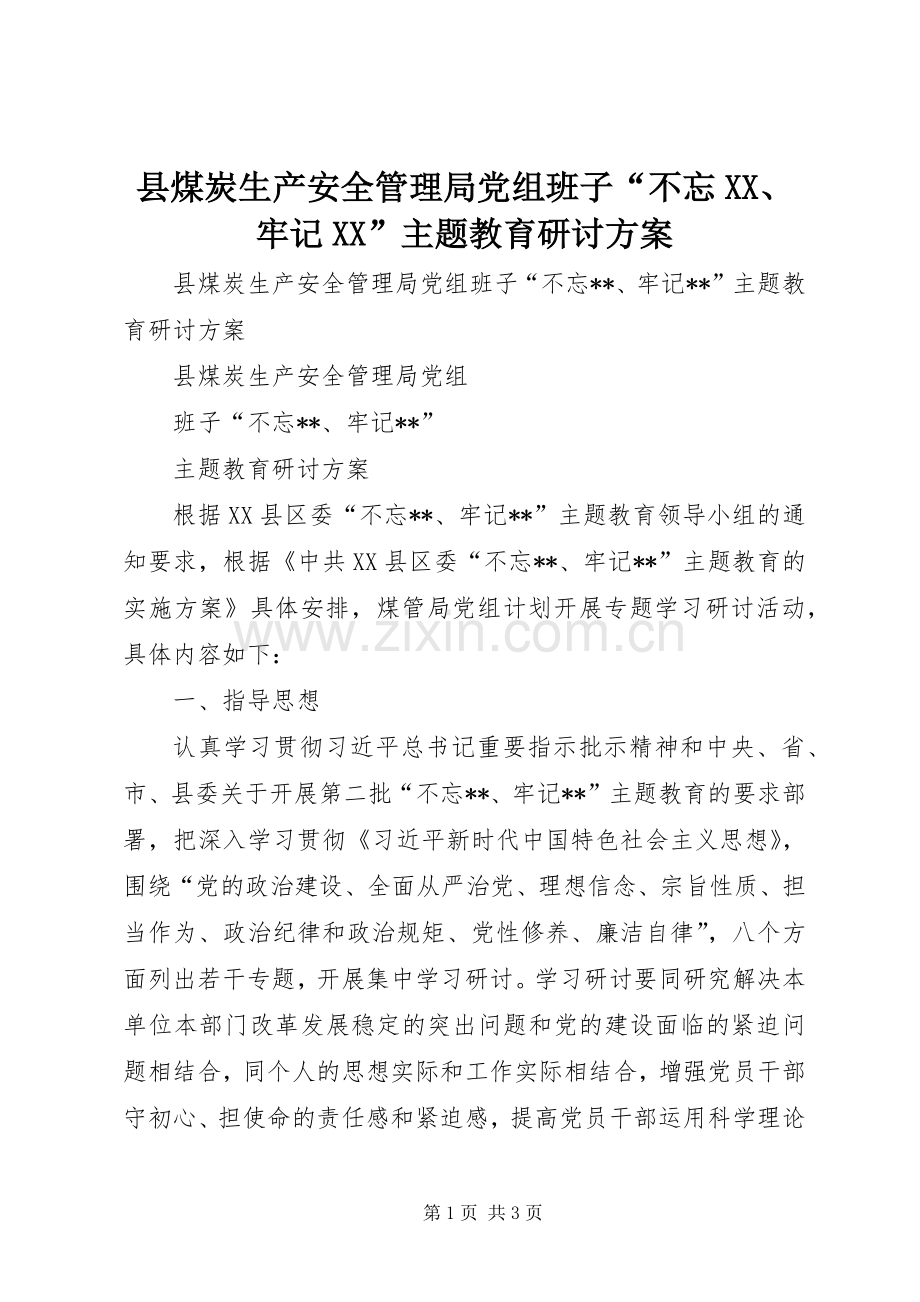 县煤炭生产安全管理局党组班子“不忘XX、牢记XX”主题教育研讨实施方案.docx_第1页