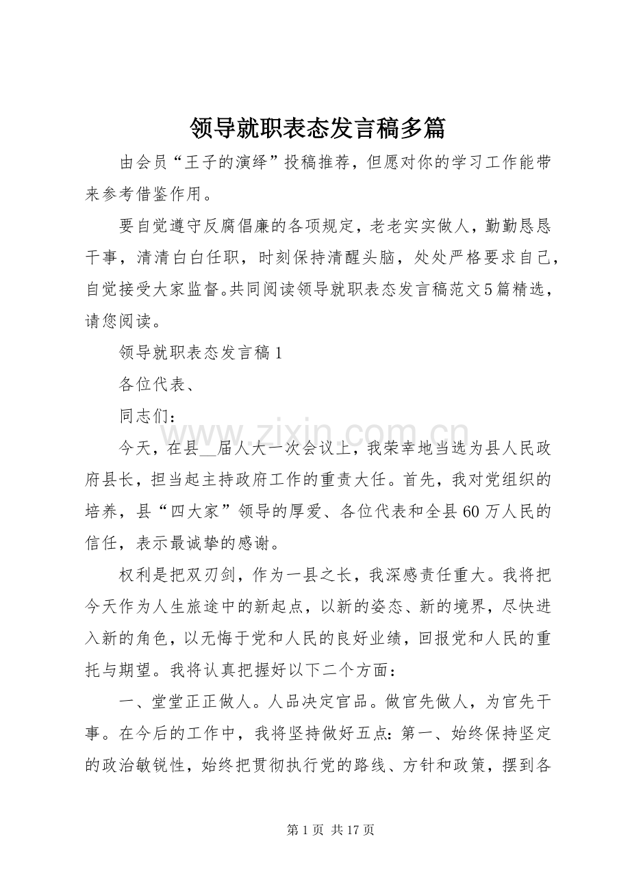 领导就职表态发言多篇.docx_第1页