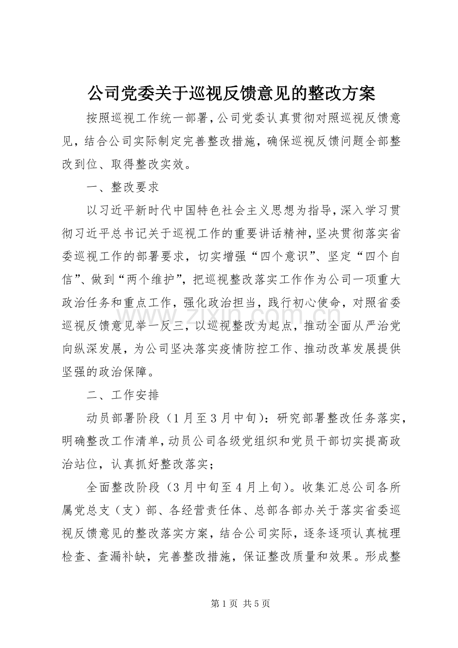 公司党委关于巡视反馈意见的整改实施方案.docx_第1页