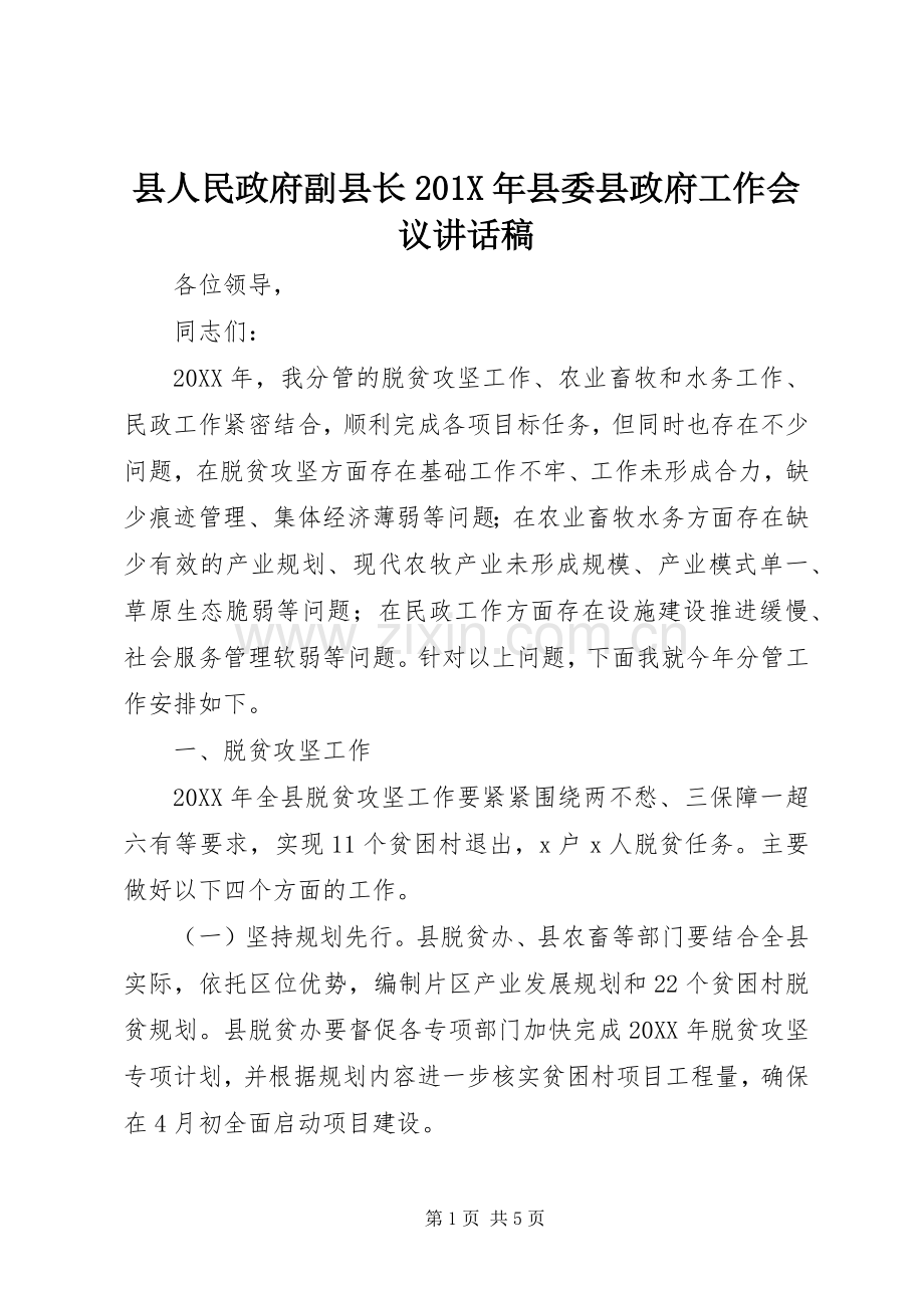 县人民政府副县长201X年县委县政府工作会议讲话稿.docx_第1页