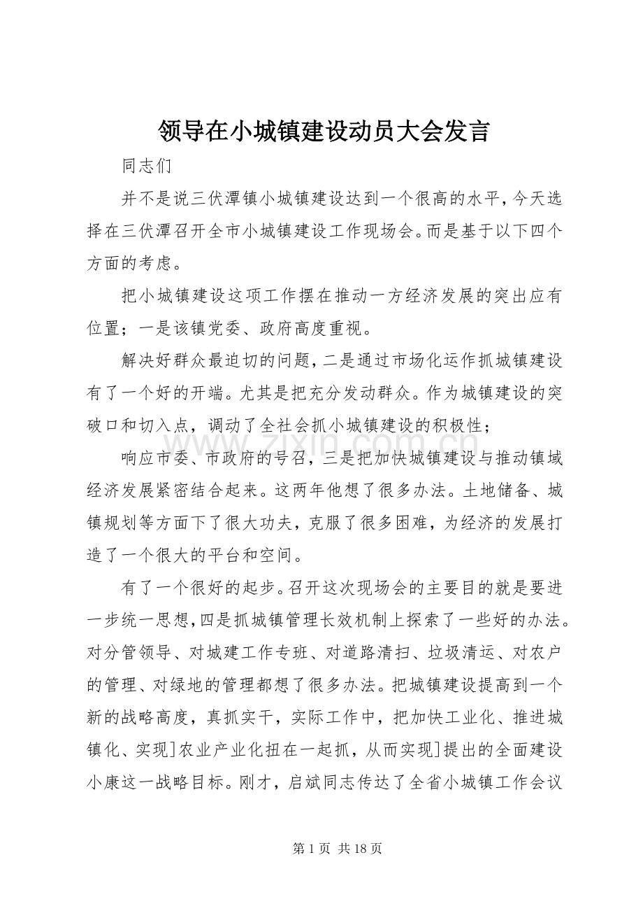 领导在小城镇建设动员大会发言稿.docx_第1页