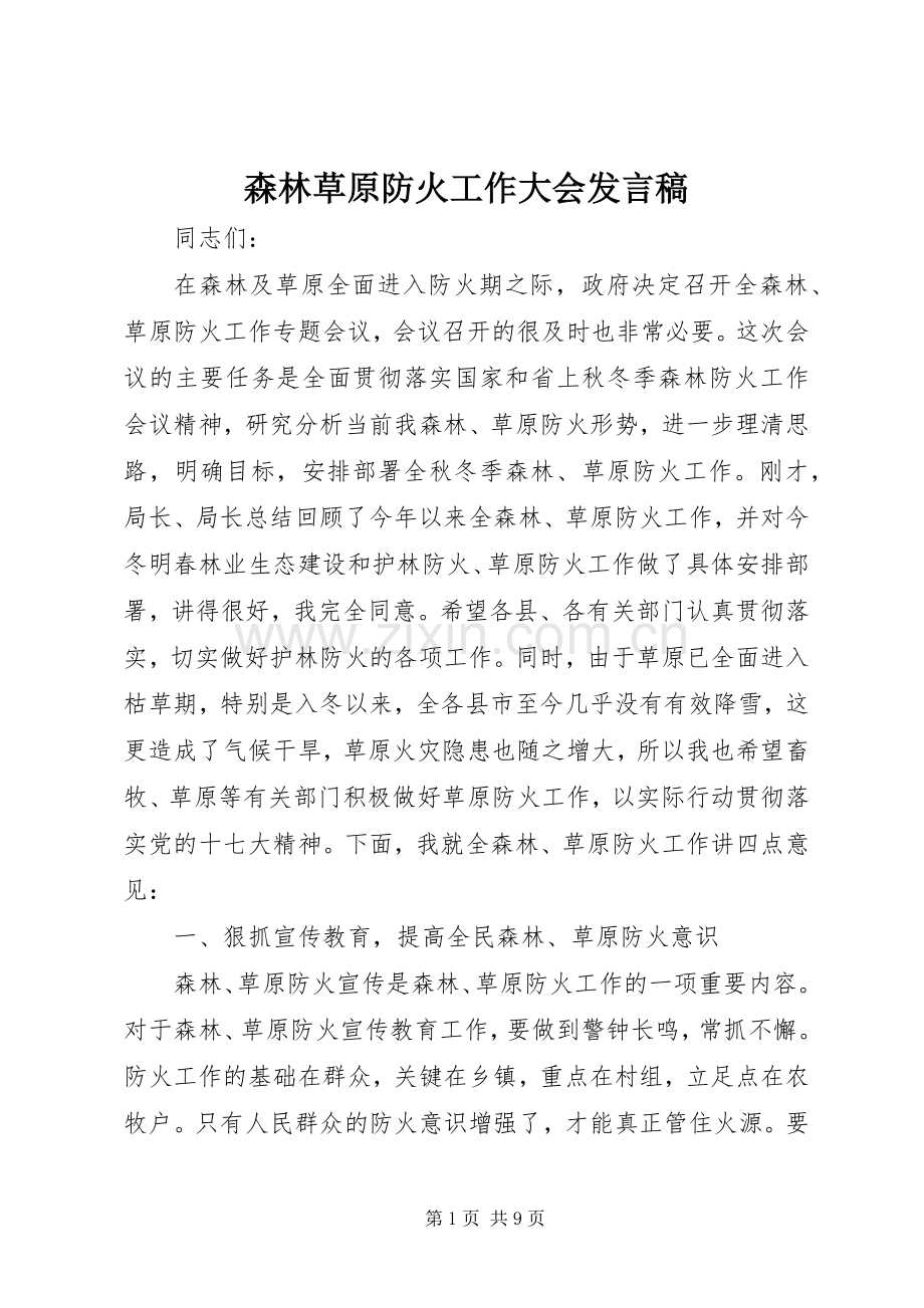 森林草原防火工作大会发言.docx_第1页