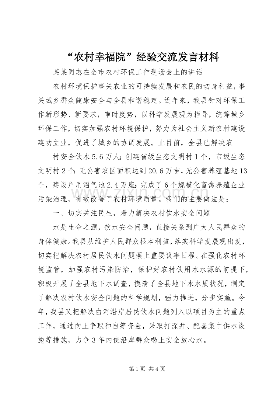 “农村幸福院”经验交流发言材料提纲范文.docx_第1页