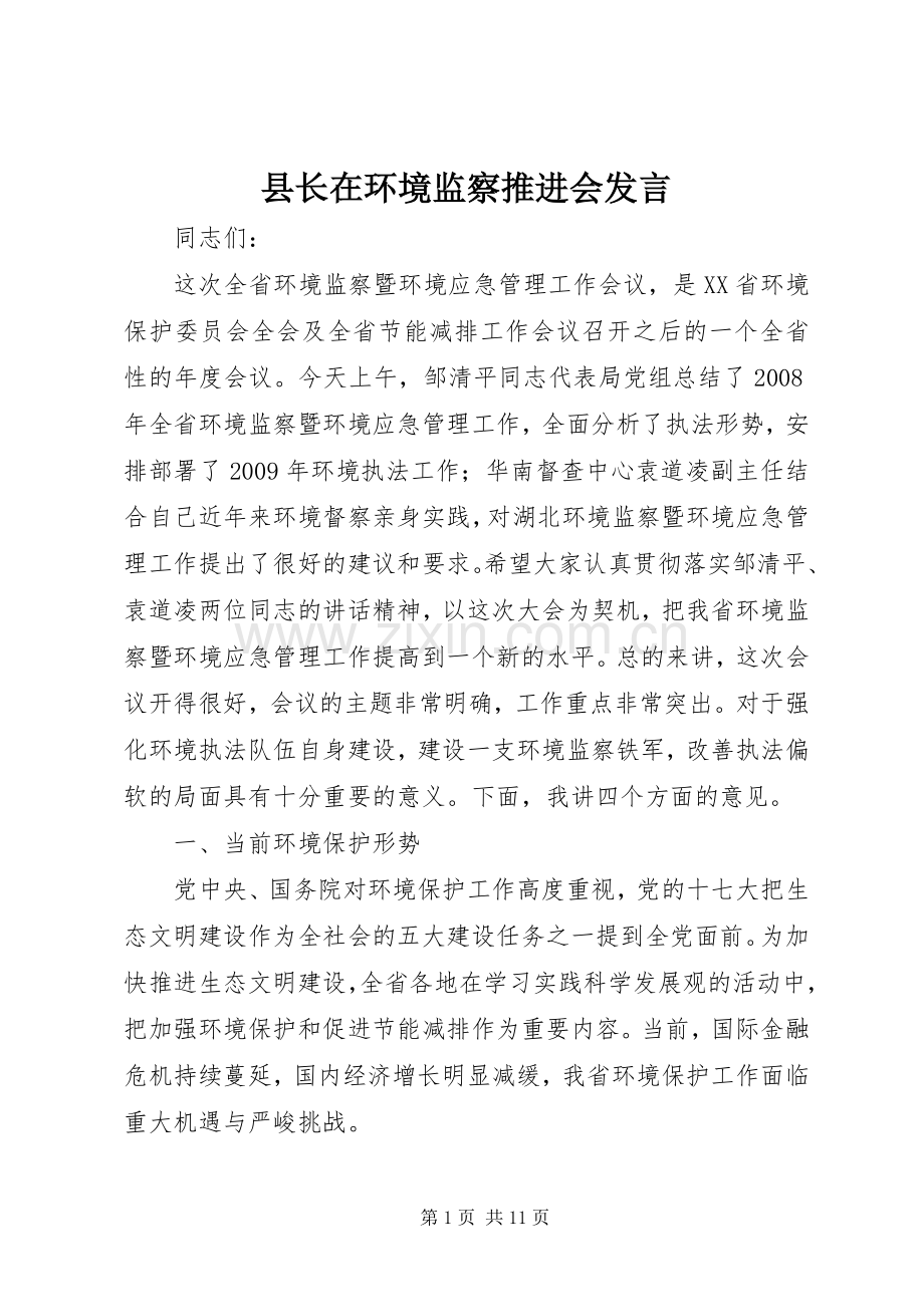 县长在环境监察推进会发言.docx_第1页