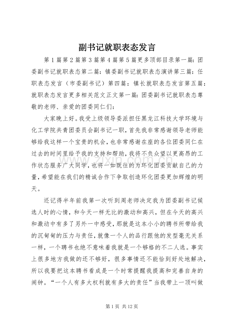 副书记就职表态发言.docx_第1页