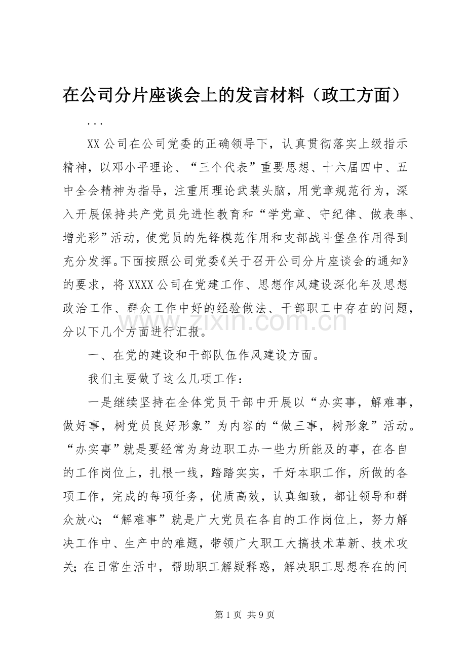 在公司分片座谈会上的发言材料（政工方面）.docx_第1页