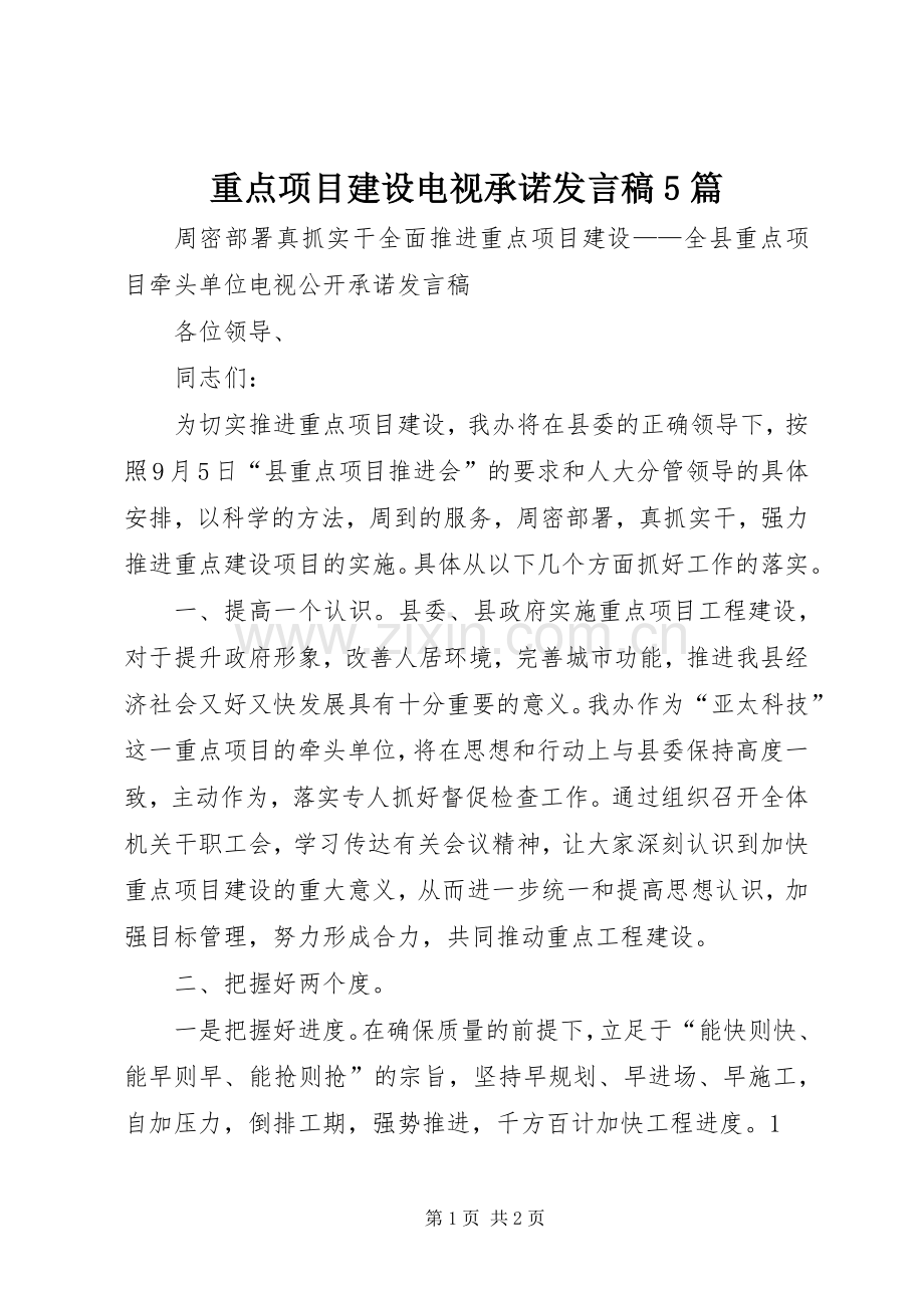 重点项目建设电视承诺发言稿5篇.docx_第1页