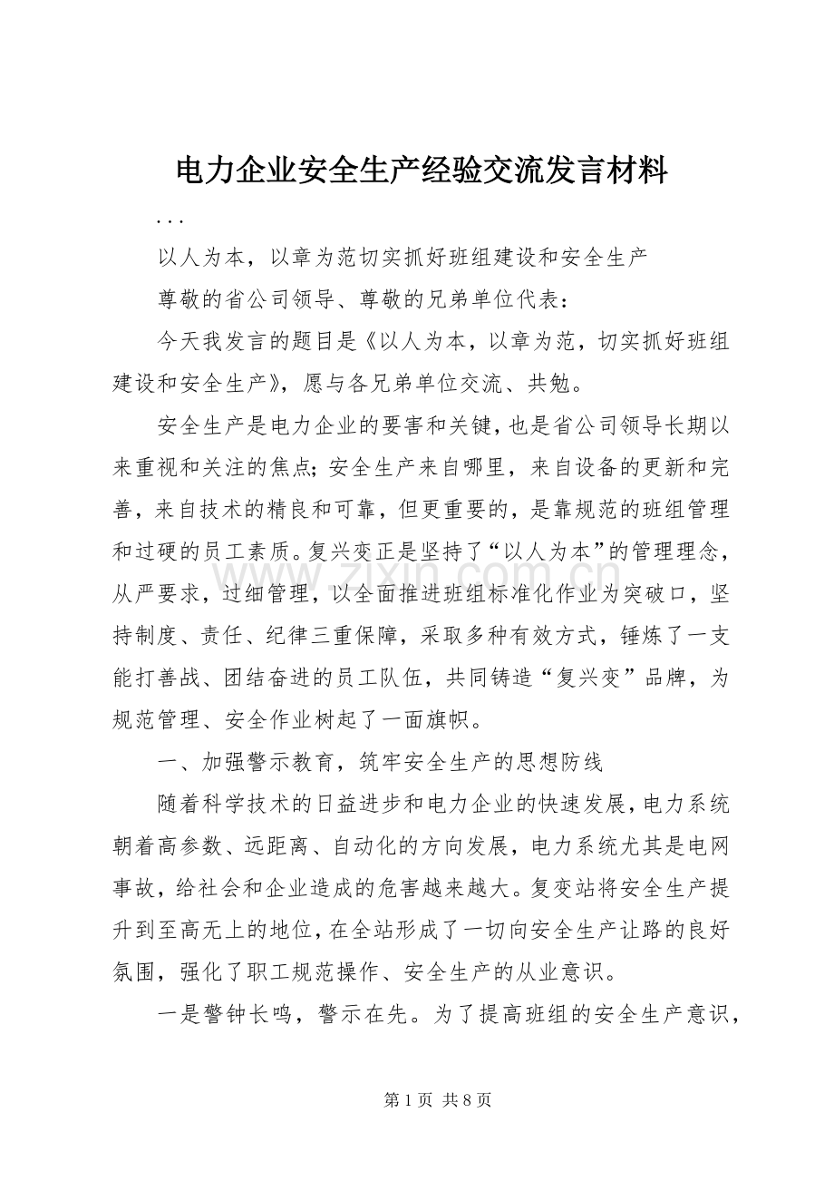 电力企业安全生产经验交流发言材料提纲范文.docx_第1页