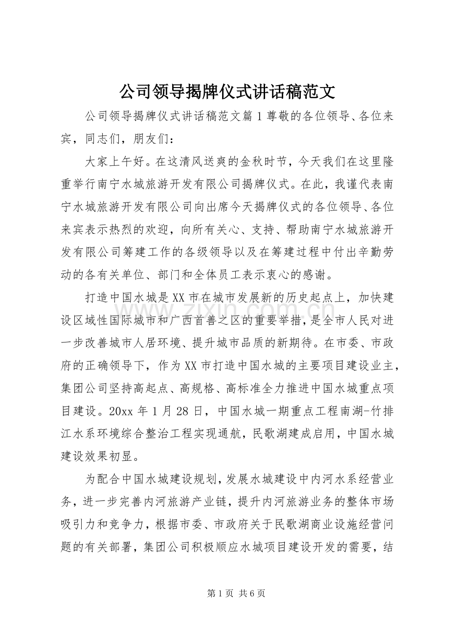 公司领导揭牌仪式讲话稿范文.docx_第1页