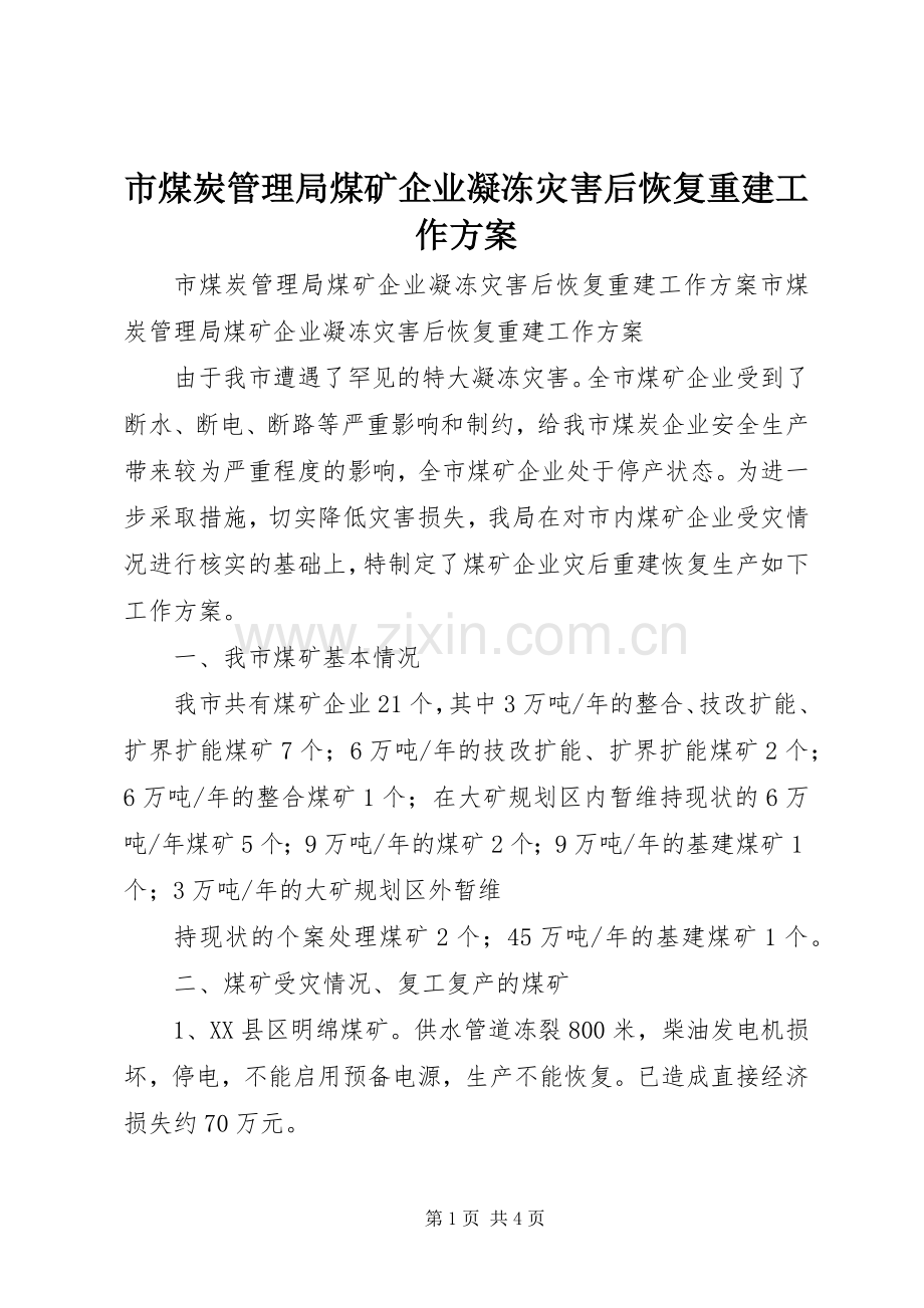 市煤炭管理局煤矿企业凝冻灾害后恢复重建工作实施方案.docx_第1页