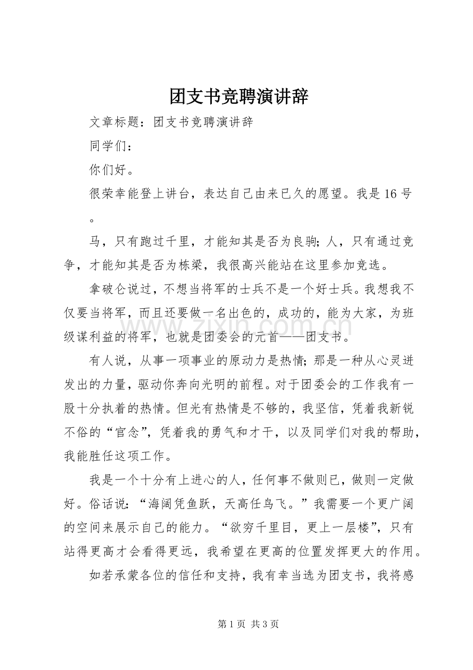 团支书竞聘演讲辞.docx_第1页