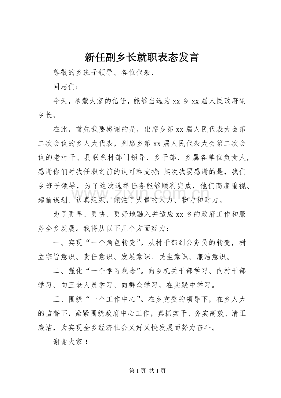 新任副乡长就职表态发言.docx_第1页