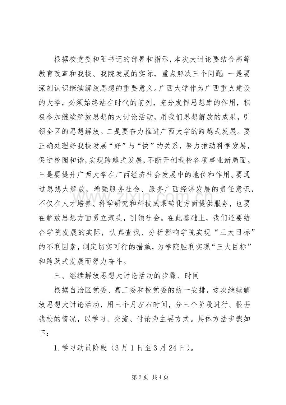 ＸＸ学院开展继续解放思想大讨论活动实施方案.docx_第2页