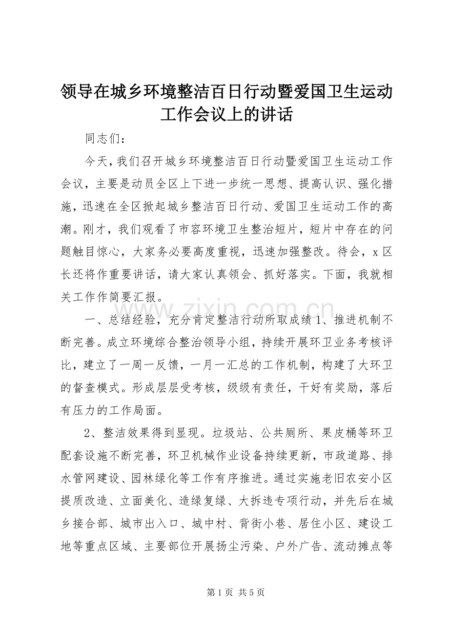 领导在城乡环境整洁百日行动暨爱国卫生运动工作会议上的讲话.docx_第1页