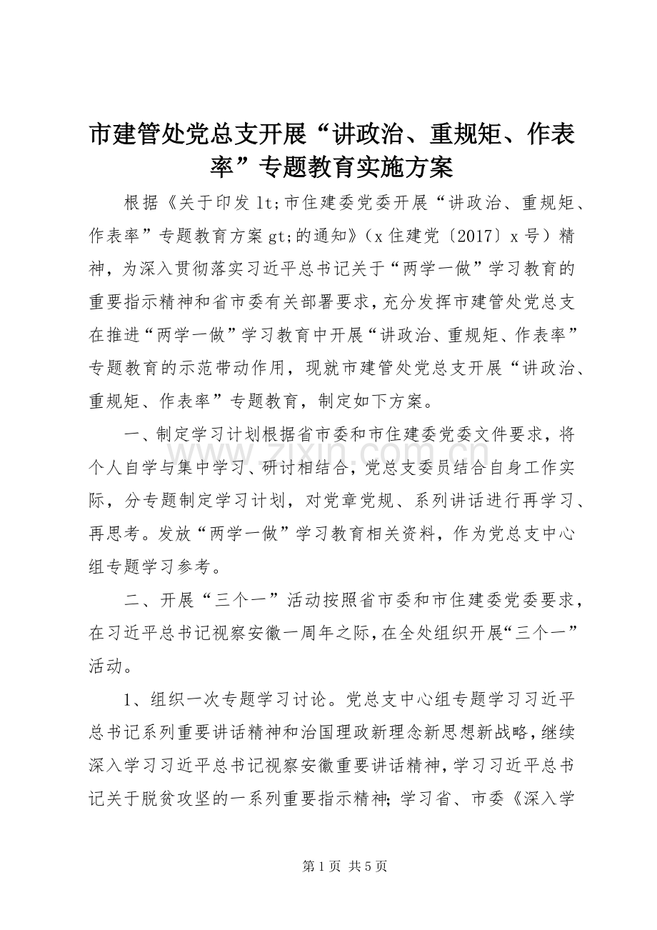 市建管处党总支开展“讲政治、重规矩、作表率”专题教育方案.docx_第1页