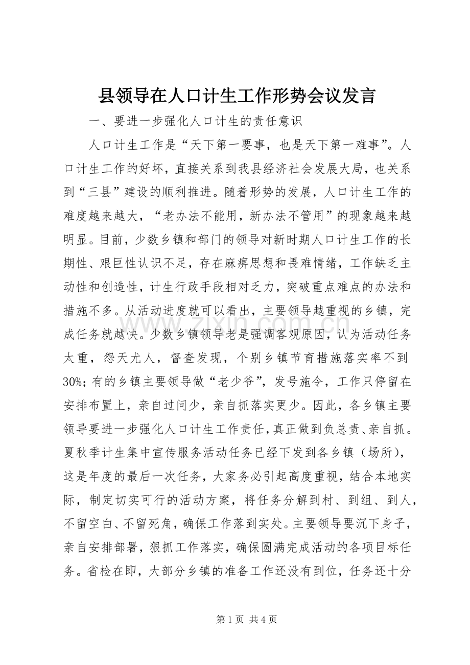 县领导在人口计生工作形势会议发言.docx_第1页