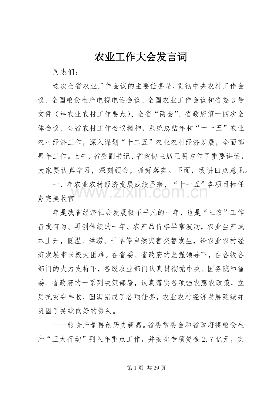 农业工作大会发言词.docx_第1页