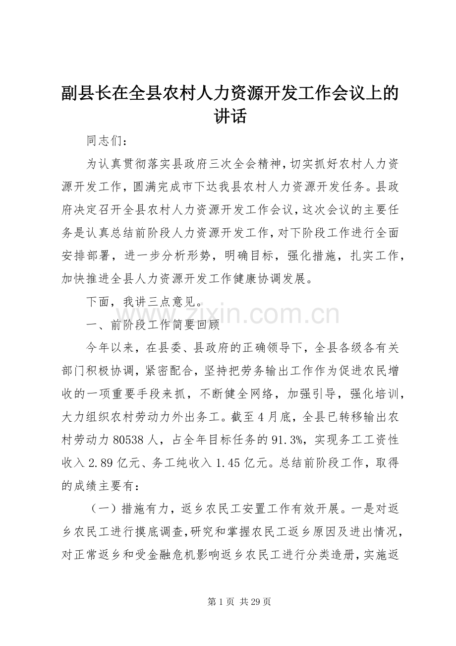 副县长在全县农村人力资源开发工作会议上的讲话.docx_第1页