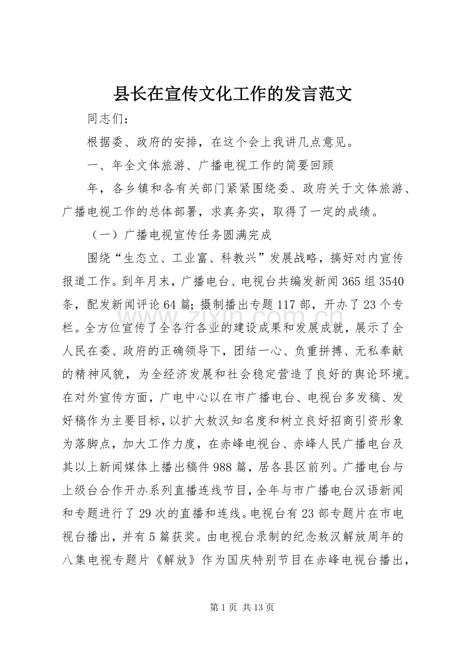 县长在宣传文化工作的发言范文.docx_第1页