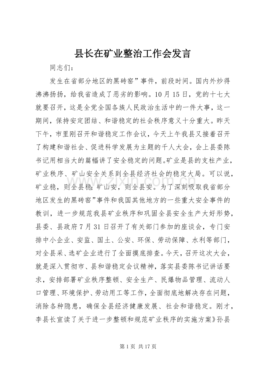 县长在矿业整治工作会发言稿.docx_第1页