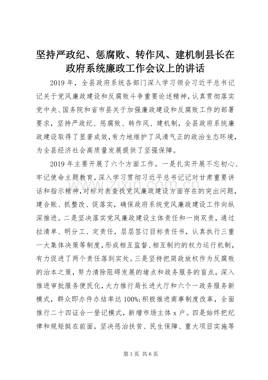 坚持严政纪、惩腐败、转作风、建机制县长在政府系统廉政工作会议上的讲话.docx_第1页