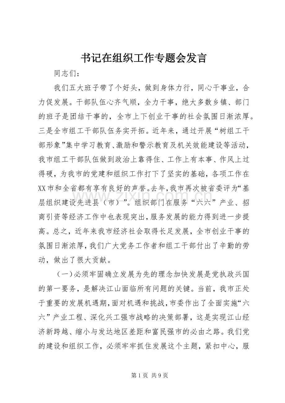 书记在组织工作专题会发言稿.docx_第1页