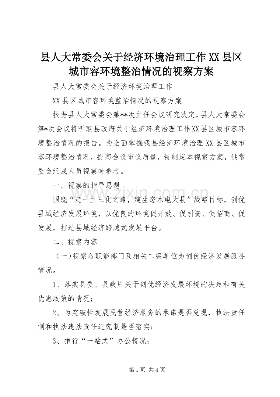 县人大常委会关于经济环境治理工作XX县区城市容环境整治情况的视察实施方案 .docx_第1页