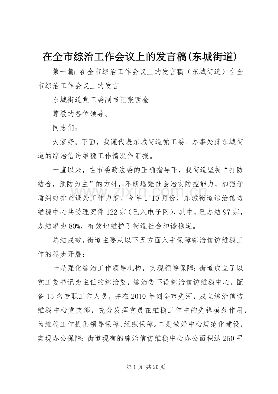 在全市综治工作会议上的发言(东城街道).docx_第1页