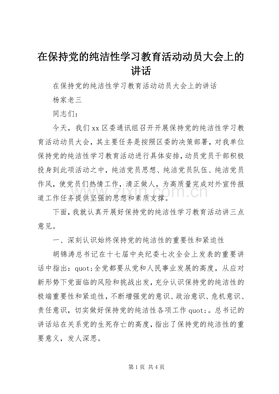 在保持党的纯洁性学习教育活动动员大会上的讲话.docx_第1页