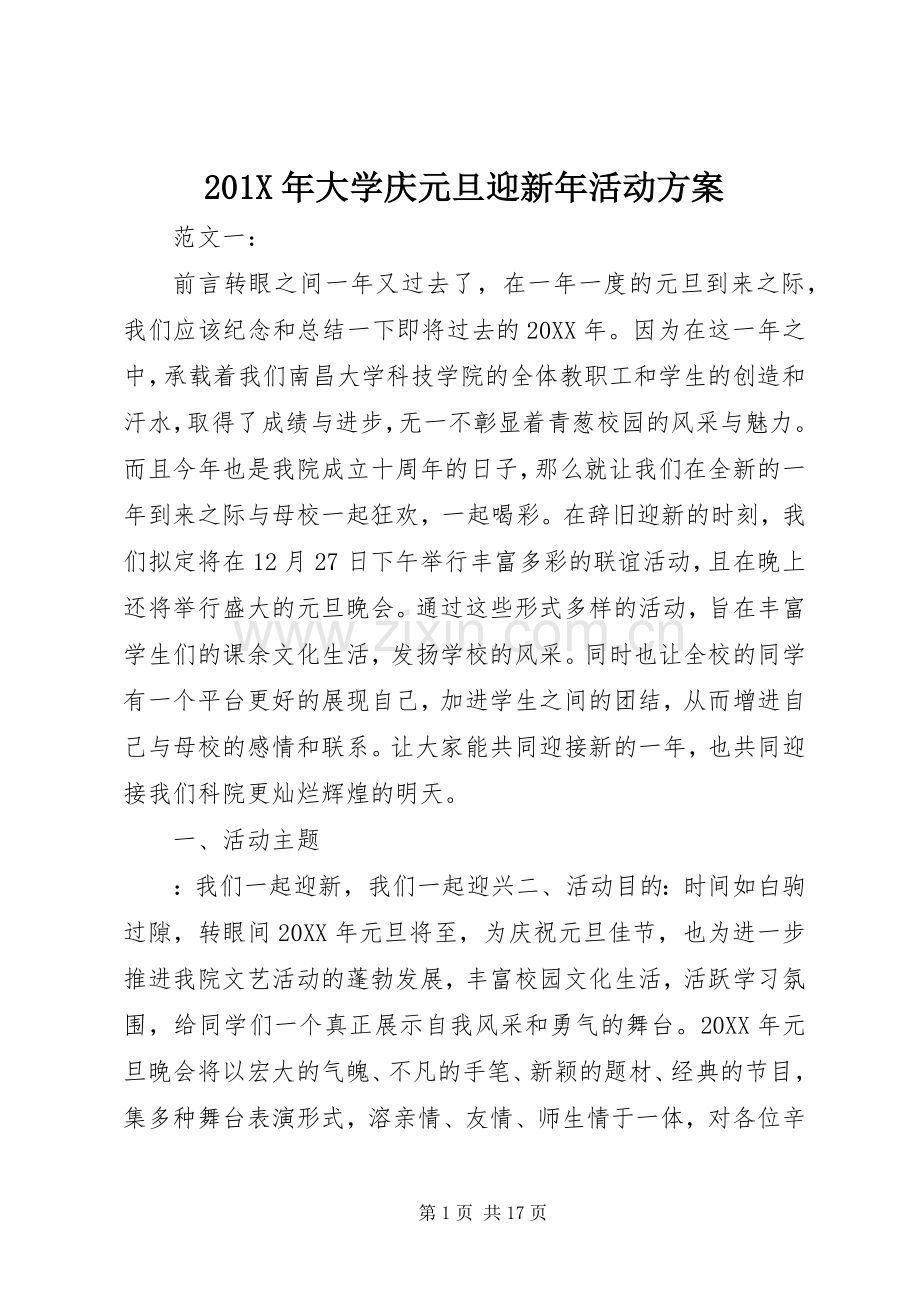 X年大学庆元旦迎新年活动实施方案.docx_第1页