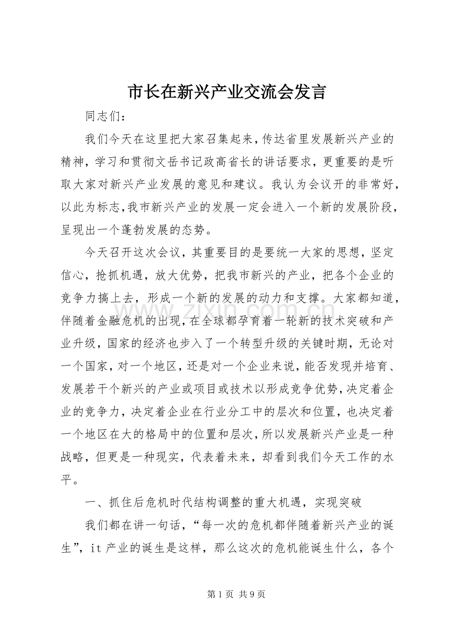 市长在新兴产业交流会发言稿.docx_第1页