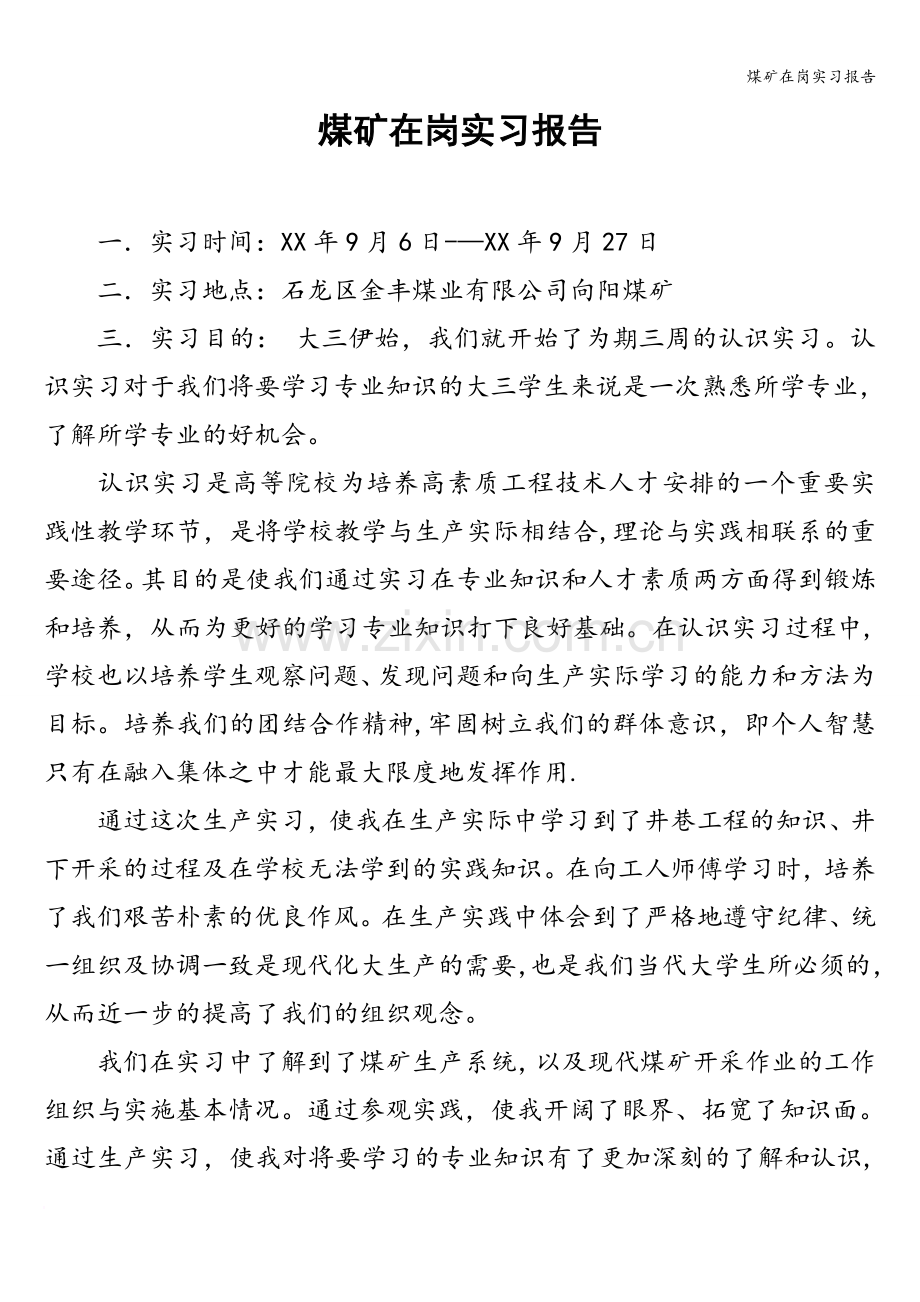 煤矿在岗实习报告.doc_第1页