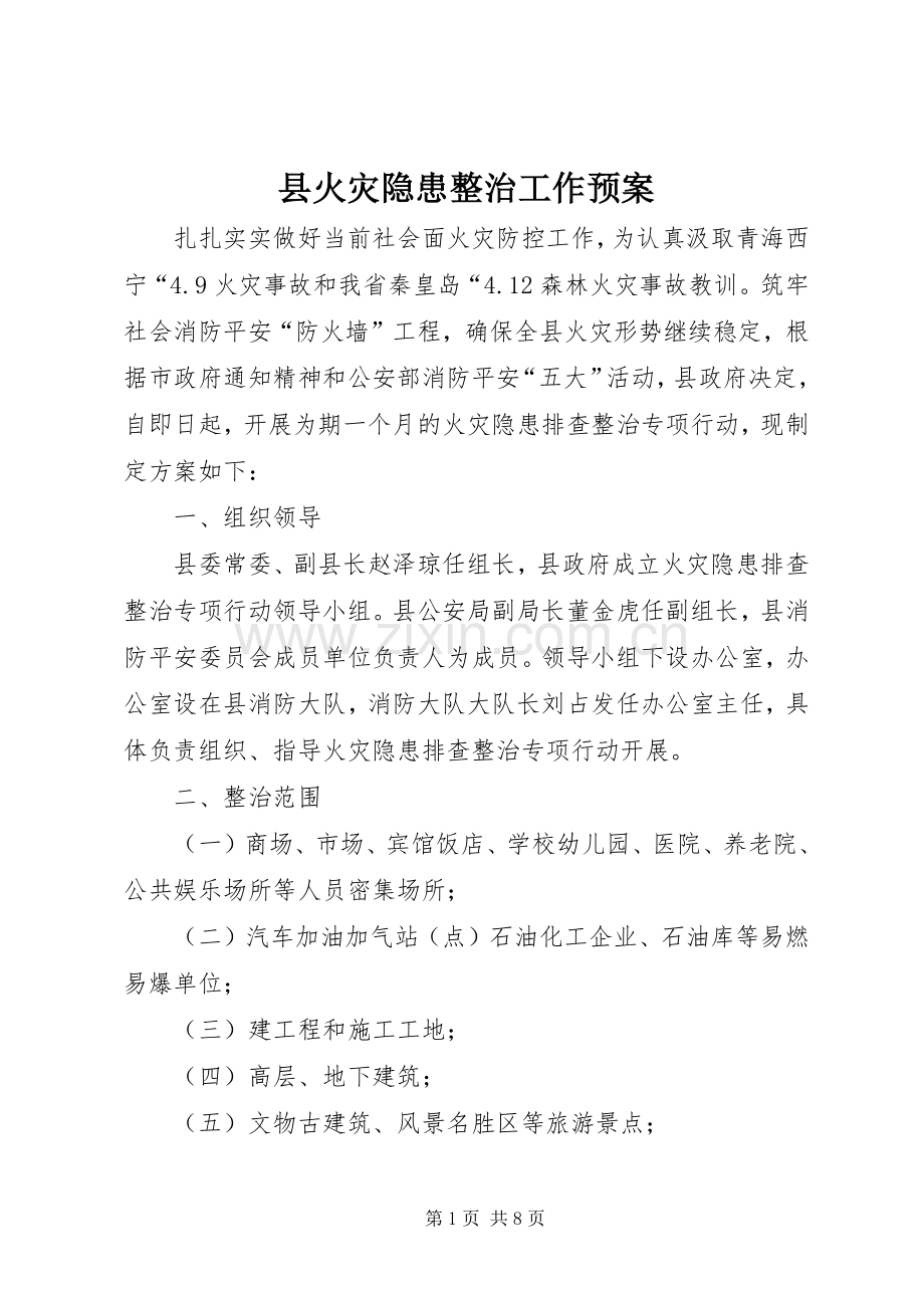 县火灾隐患整治工作应急预案.docx_第1页