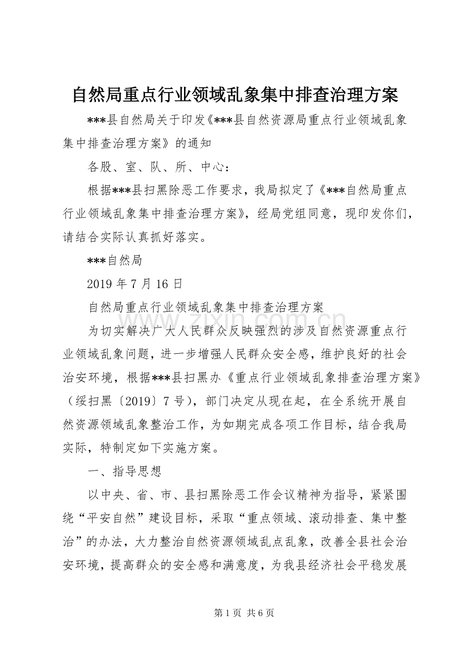 自然局重点行业领域乱象集中排查治理实施方案.docx_第1页