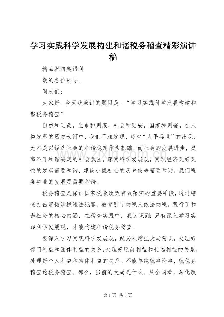 学习实践科学发展构建和谐税务稽查精彩演讲稿.docx_第1页