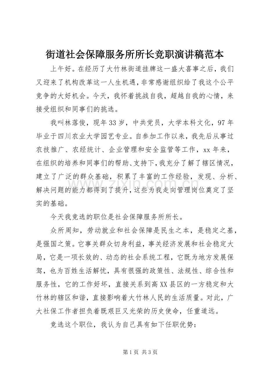 街道社会保障服务所所长竞职演讲稿范本.docx_第1页