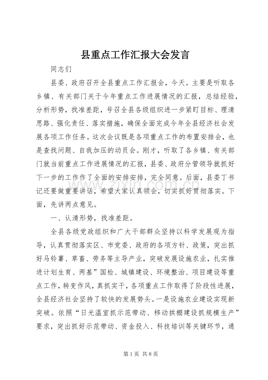 县重点工作汇报大会发言.docx_第1页