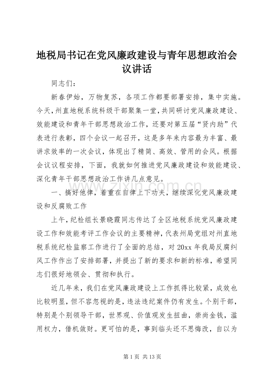 地税局书记在党风廉政建设与青年思想政治会议讲话.docx_第1页