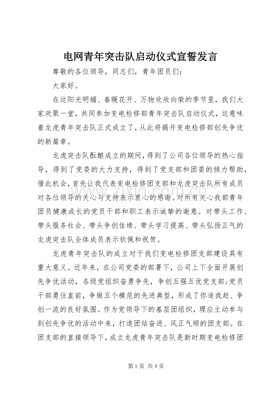 电网青年突击队启动仪式宣誓发言稿.docx_第1页