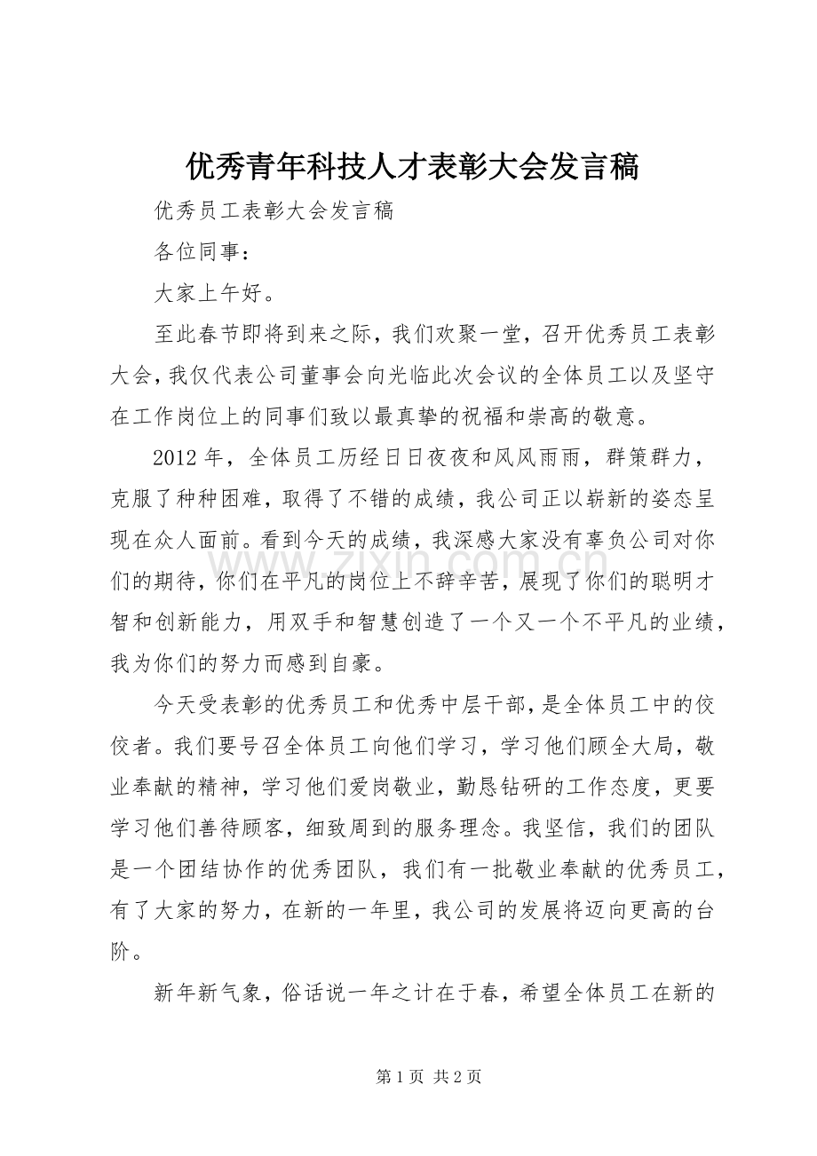 优秀青年科技人才表彰大会发言稿范文.docx_第1页