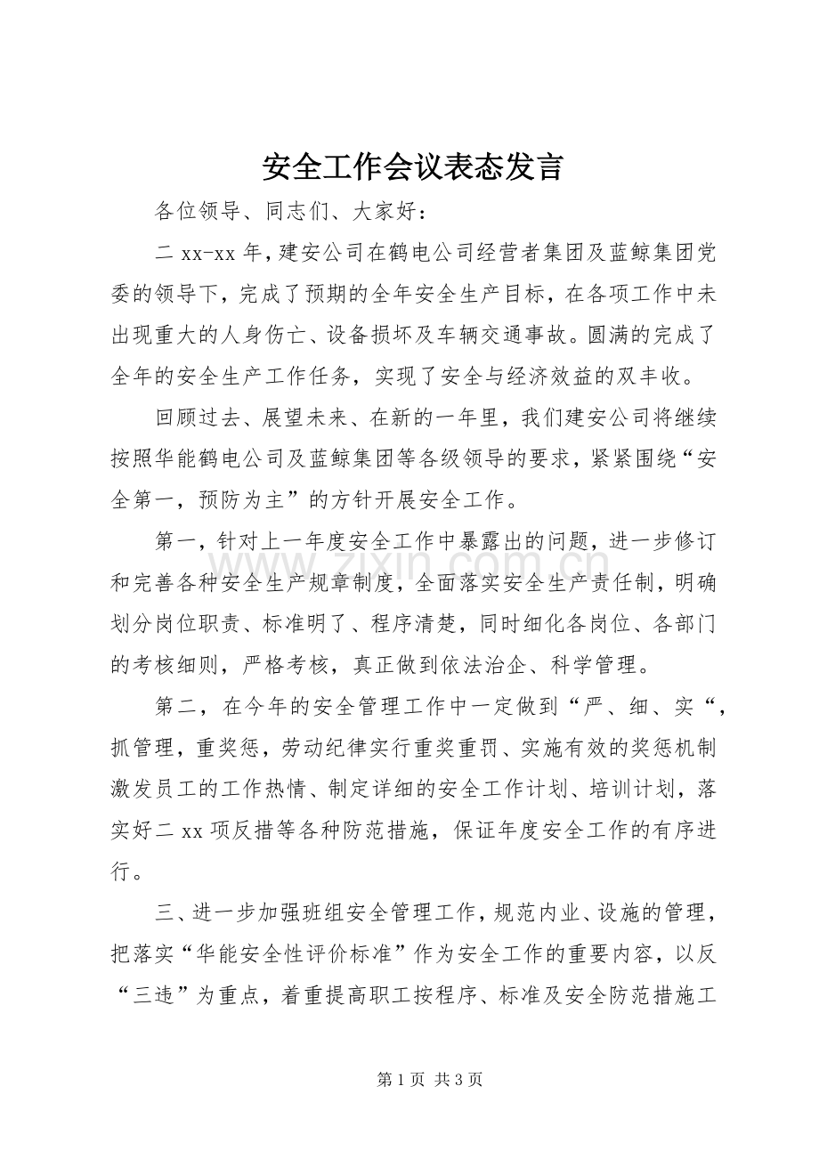 安全工作会议表态发言.docx_第1页