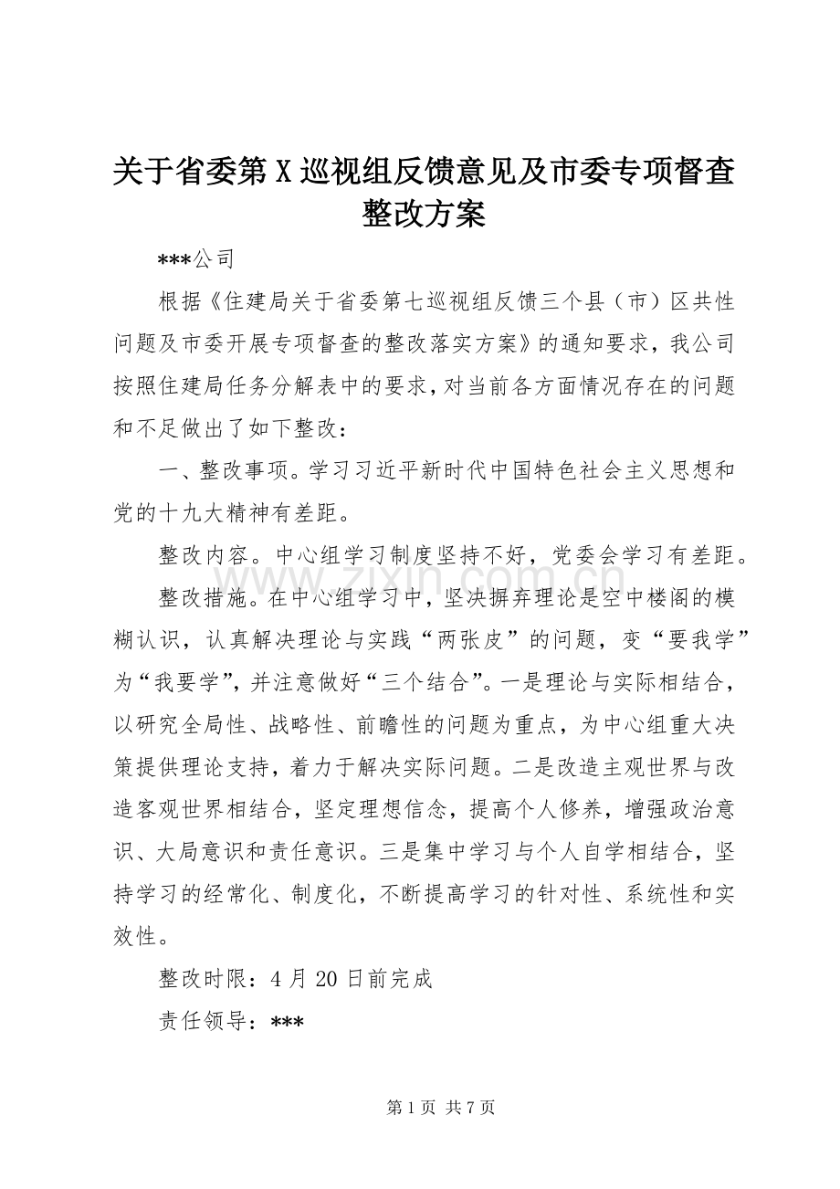 关于省委第X巡视组反馈意见及市委专项督查整改实施方案.docx_第1页