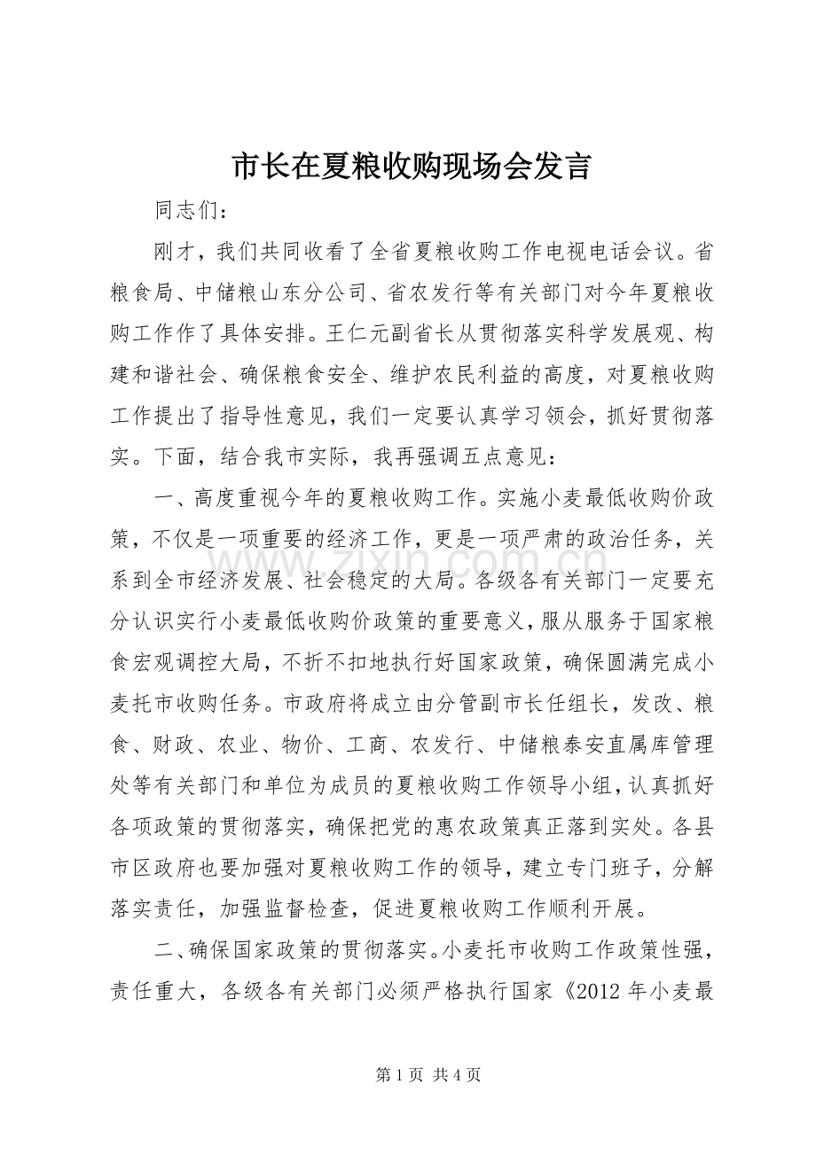 市长在夏粮收购现场会发言.docx_第1页