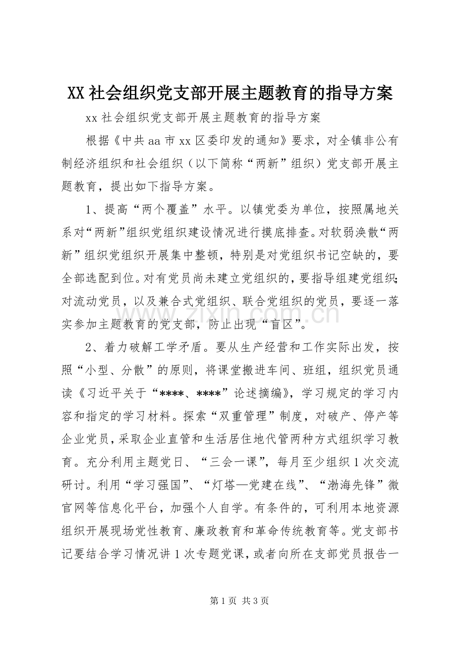 XX社会组织党支部开展主题教育的指导实施方案.docx_第1页