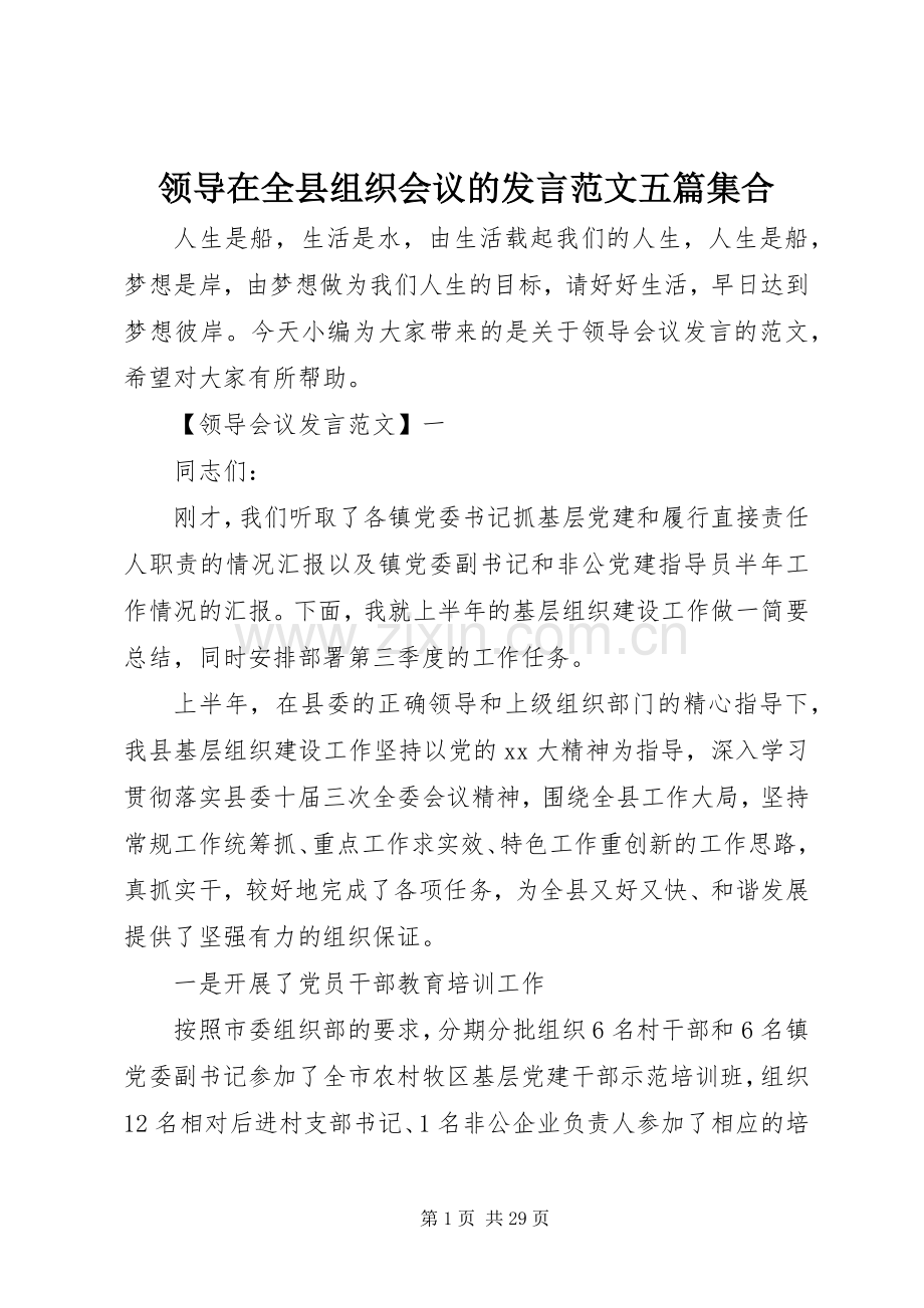 领导在全县组织会议的发言范文五篇集合.docx_第1页