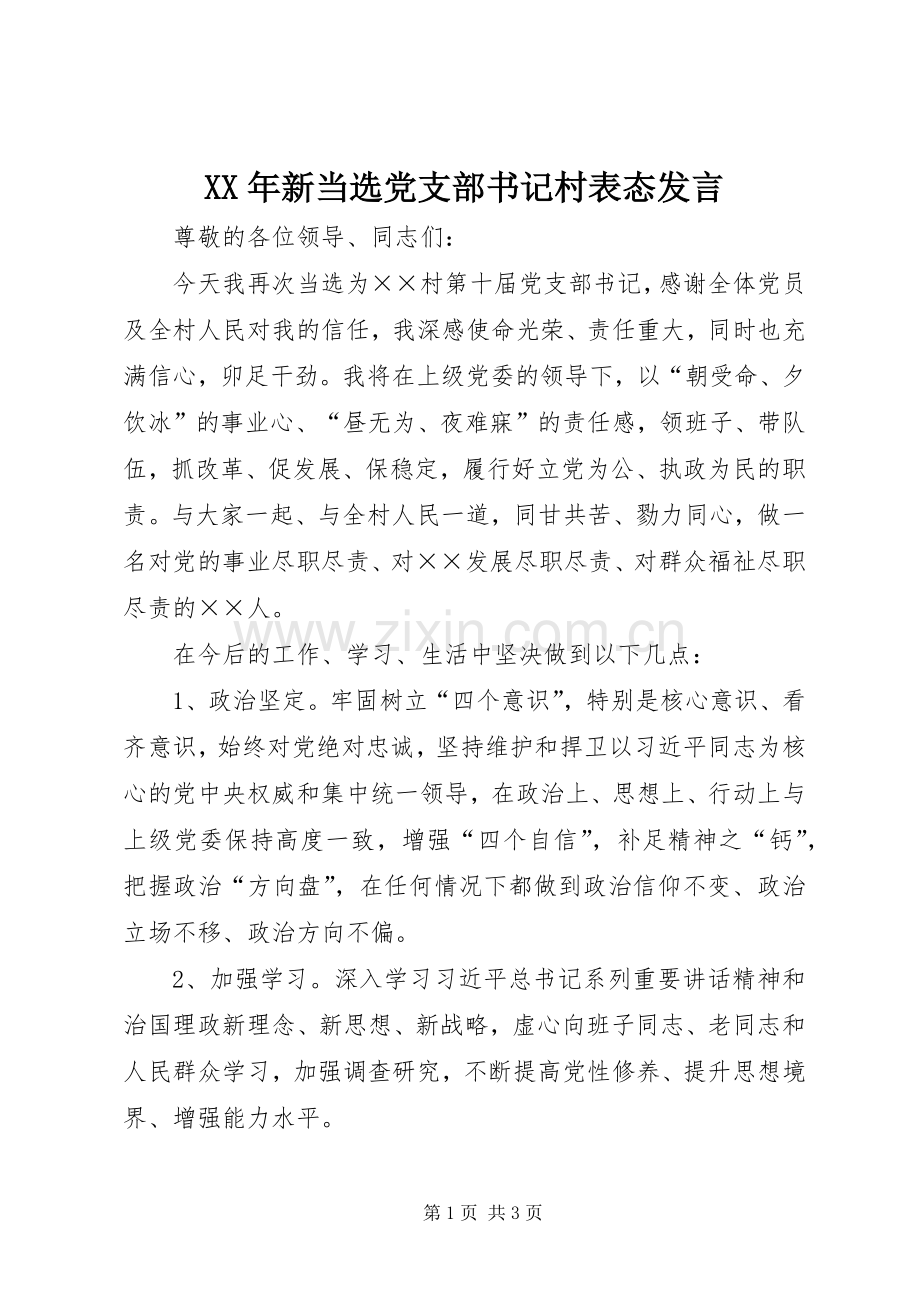 XX年新当选党支部书记村表态发言稿.docx_第1页