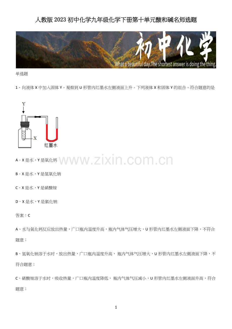 人教版2023初中化学九年级化学下册第十单元酸和碱名师选题.docx_第1页