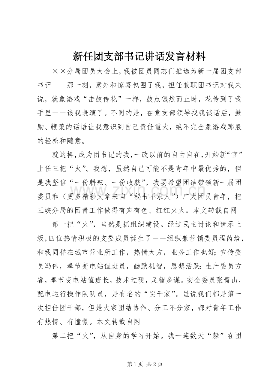 新任团支部书记讲话发言材料提纲.docx_第1页