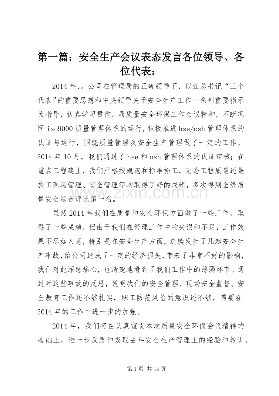 第一篇：安全生产会议表态发言稿各位领导、各位代表：.docx_第1页