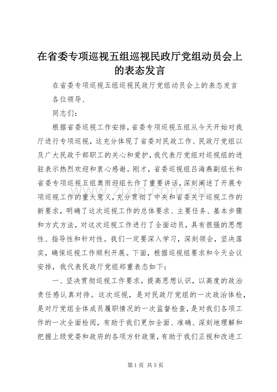 在省委专项巡视五组巡视民政厅党组动员会上的表态发言稿.docx_第1页